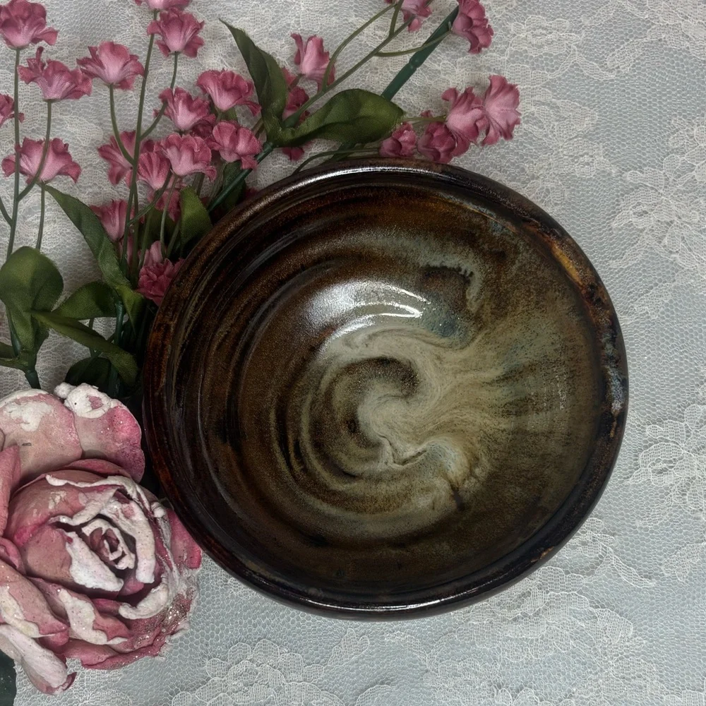 Handmade Pottery Bowl Vintage Artisan Handcrafted Signed Art Glazed Brown Tan